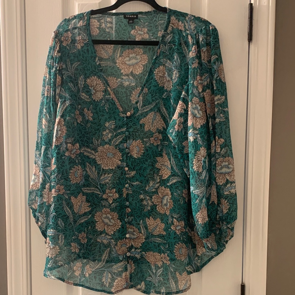Torrid Green and Tan Floral Blouse